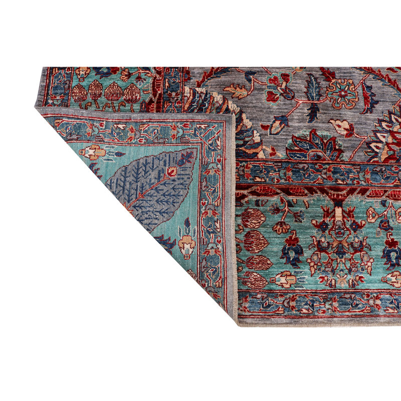 Tapis gris / rouge / bleu en laine noué à la main de conception unique 9 pi 10 po x 13 pi 10 po