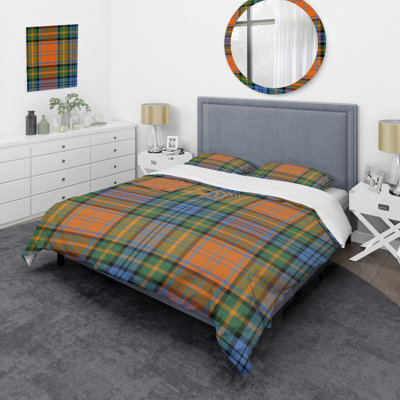 Green And Orange Checked Tartan Polyester Plaid Duvet Cover