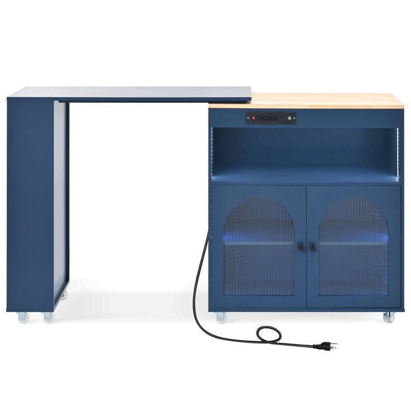 Îlot de cuisine roulant avec table allongée, îlot de cuisine sur roulettes avec lumières DEL, prises de courant et 2 portes en verre cannelé, îlot de cuisine avec compartiment de rangement et 3 tablettes ouvertes latérales