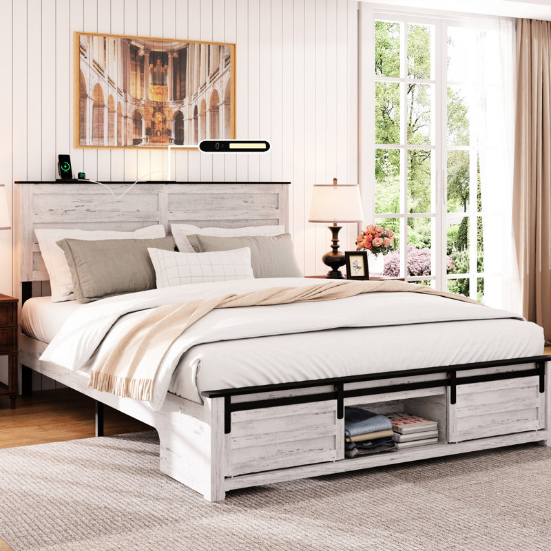Lit double, tête de lit en bois, station de charge, éclairage à DEL, espace pour animaux de compagnie, sommier sans bruit, lit plateforme, lit simple à assembler, plateforme rembourrée, bruit, chambre à coucher moderne