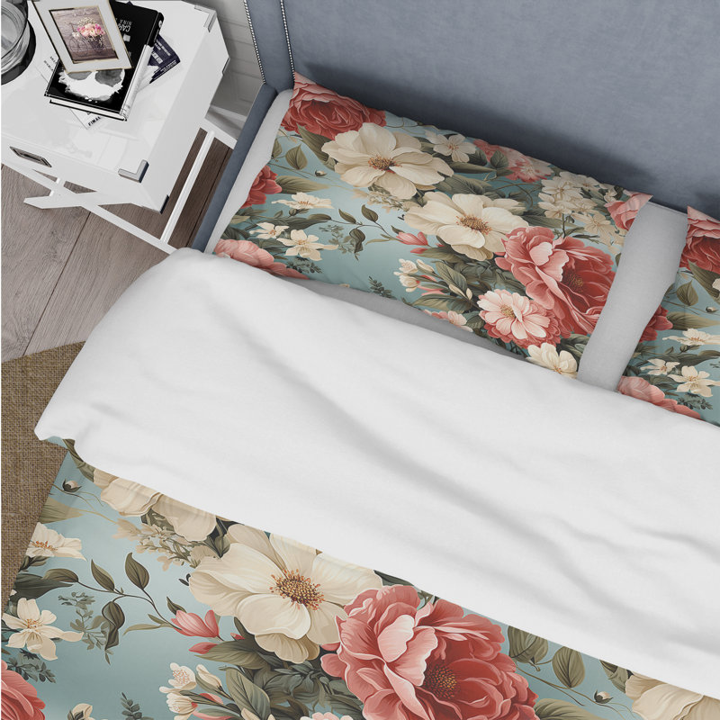 Antique Floral Pink Peony Garden I - Ensemble de housse de couette rétro, Housse de couette pour grand lit et 2 taies décor