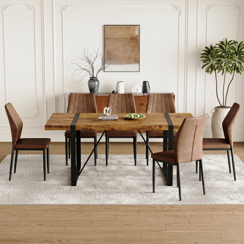 Wood Dining Table Set For 6，71"  Rectangular Table With Metal Frame & Natural Finish, Brown,  7 Pieces: Table, 6 Chairs