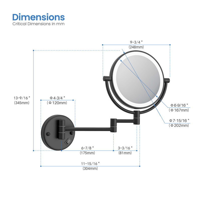 Miroir mural rond en métal, Noir mat