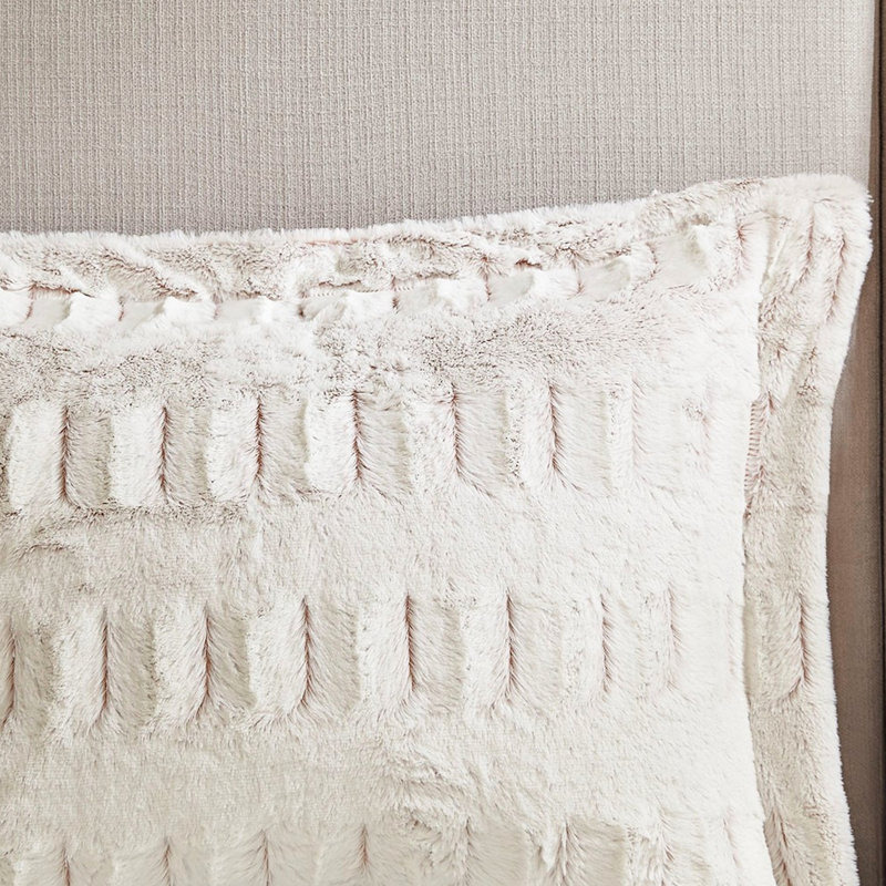 Édredon grand lit avec fourrure longue moelleuse en tissu blanc surpiqué, taille