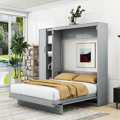 Lit escamotable mural Murphy avec tablettes intégrées, garde-robe et éclairage DEL