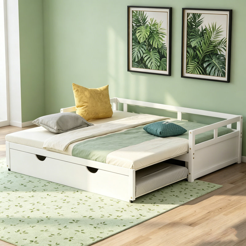 Lit de jour extensible avec lit gigogne, lit de jour en bois avec tiroir escamotable