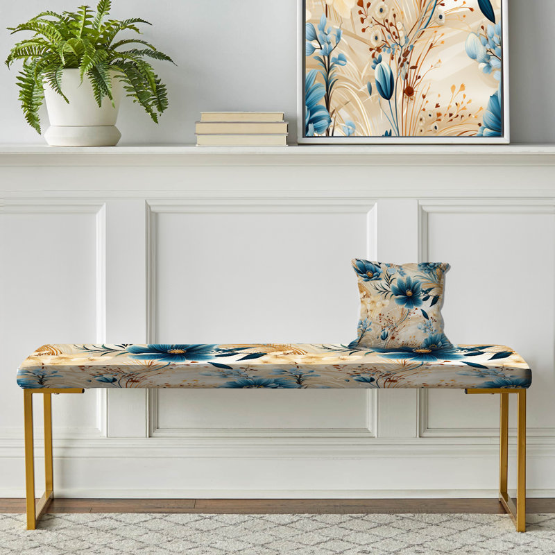 Beige et bleu Escape Flowers - Banc rembourré floral doré