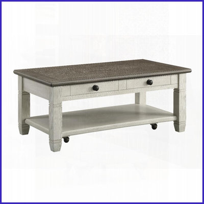 Two-Tone Rosy Brown &amp; Antique White Wood Coffee Table for Living Room - 2 Drawers, Bottom Shelf &amp; Easy-Move Casters