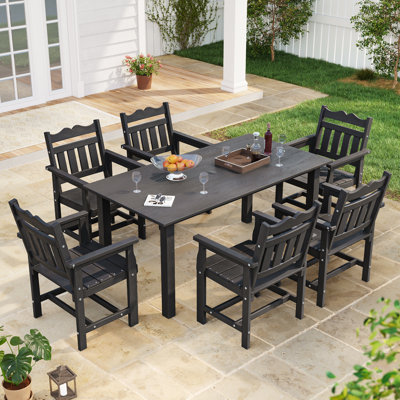  7 Piece Outdoor HIPS Dining Set, All-Weather Patio Table and Chairs W/ Umbrella Hole, Low Maintenance for Porch, Backyard