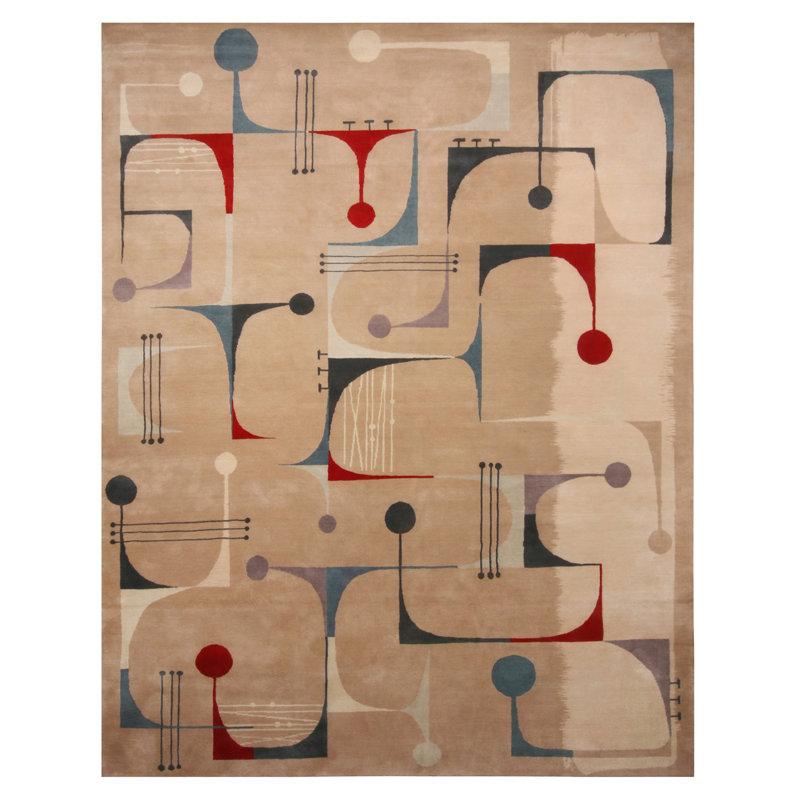 Mid Century Modern Hand Knotted Geometric Area Rug, Rectangle 10' x 14'