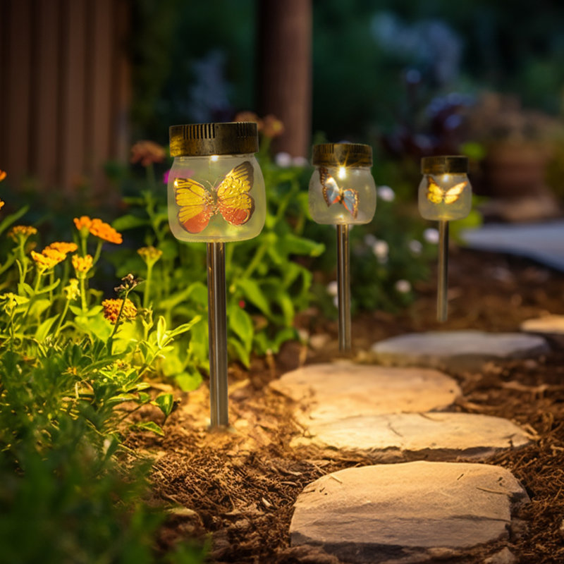 Butterfly Jar Solar Powered LED Glass Pathway Light Set