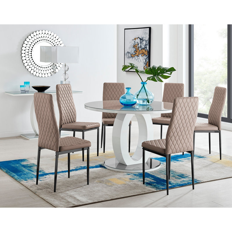 Scottsmoor 4 Seater High Gloss Round Dining Table Set with 4 Luxury Faux Leather Dining Chairs, Gray, Gray/White