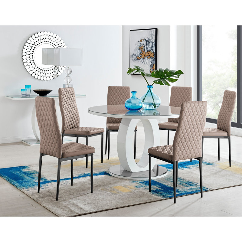 Scottsmoor 4 Seater High Gloss Round Dining Table Set with 4 Luxury Faux Leather Dining Chairs, Grey/White, White