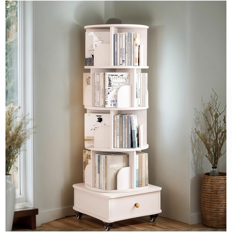 Rotating Bookshelf With Drawer, 360 Display 5 Tier Corner Bookshelf For Small Space, Floor Standing Bookcase Storage Rack, Wood Narrow Organizer For Bedroom, Living Room (WHITE) (Prime Big Deal Days)