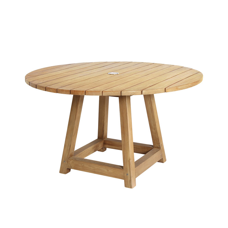 George Reclaimed Teak Round Patio Dining Table with Umbrella Hole - Natural Brown