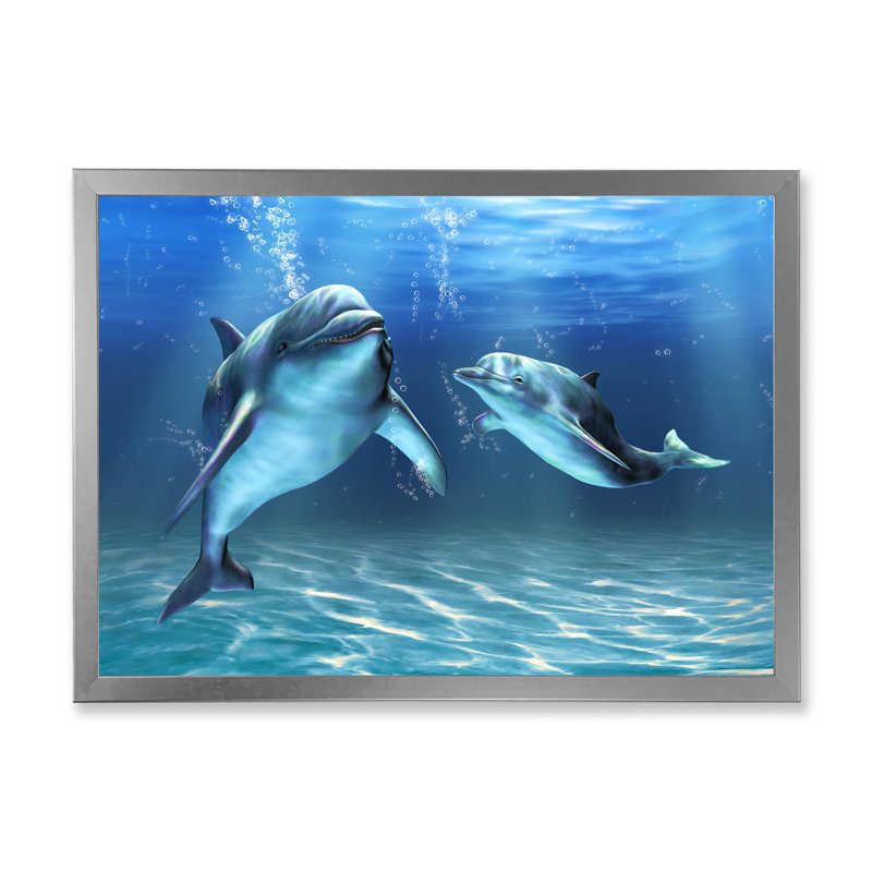 Deux dauphins bleus - Impression sur toile, H 12 po x l 20 po, Cadre photo argenté