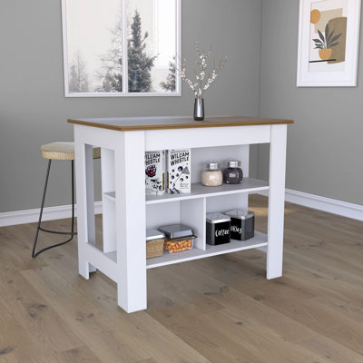 Îlot de cuisine, table de cuisine H 35 po, quatre pieds, trois tablettes de rangement ouvertes