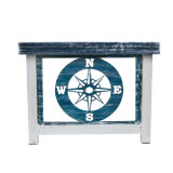 WEATHERED NAVY COMPASS TABLE SET.  1- Rectangle Sofa Table, 1- Rectangle Coffee Table, 2- Square Iron End Tables