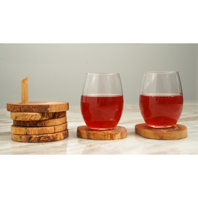 Wood 6 Piece Coaster Set With Holder