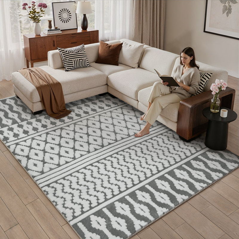 Bohemian Neutral Tribal Stripe Soft Cotton Velvet Area Rug, Rectangle 4' x 6', Gray