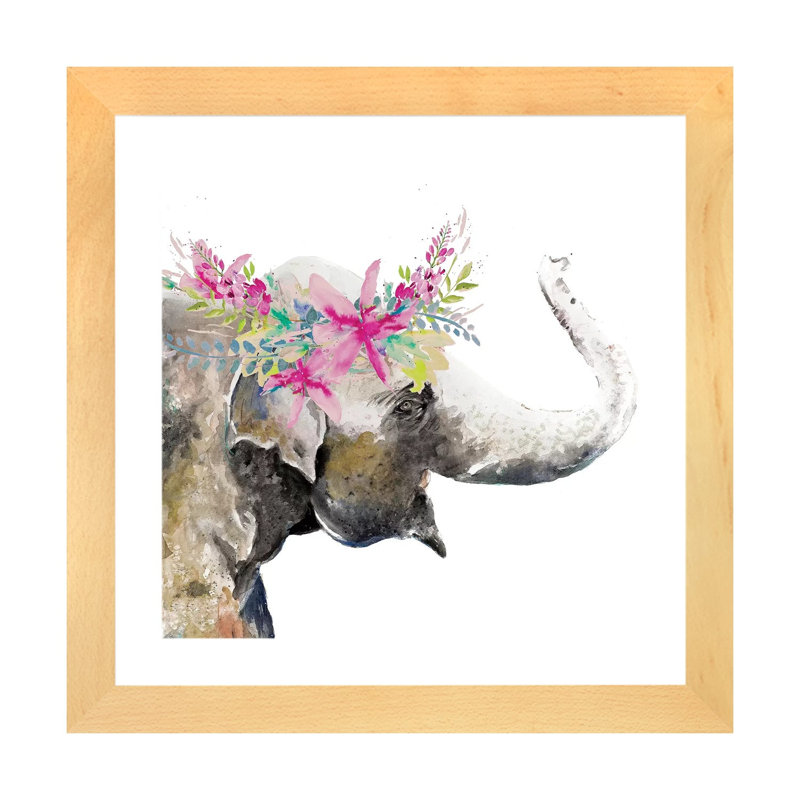 Éléphant d'eau avec couronne de fleurs par Patricia Pinto - reproduction d'art, H 16 po x l 16 po x p 1 po, Blanc