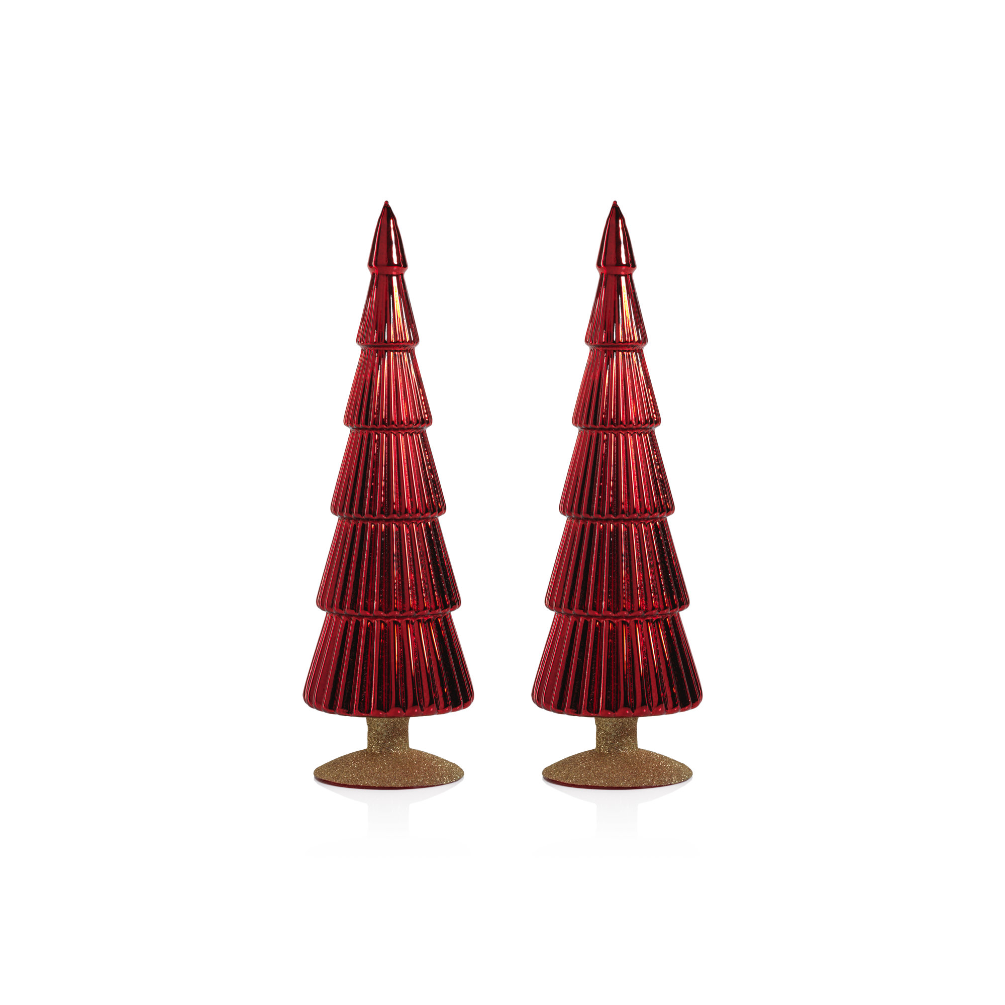 Dembe Classic Red Glass Tree on Gold Glitter Base, Set of 2, Gold, 13.5" H x 3.5" W x 3.5" D