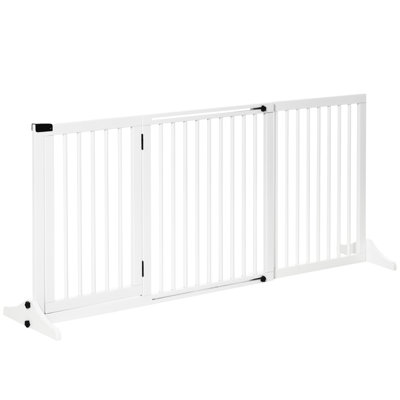 White Wooden Pet Gate. Freestanding, Adjustable 44.5" - 64.32". 3 Panels With Lockable Door & Bar. For Doorways, Halls, Staircases. Gate For Pets. Panels. Barrier, Door. White. Fits 64.32" Areas.