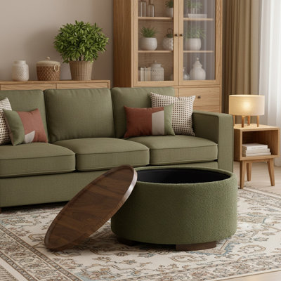 Table basse ronde avec repose-pieds 29,5 pouces, table basse circulaire moderne avec rangement avec couvercle amovible et pieds en bois massif, grand repose-pieds rond pour la chambre à coucher et le salon