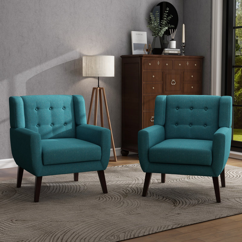 Stephanny 27.5" Wide Tufted Armchair with Solid Wood Legs, Teal Linen Blend