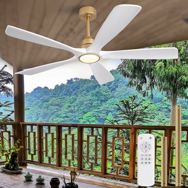 Ventilateurs de plafond de 52 pouces avec lumières et télécommande, ventilateur de plafond en bois pour patio, ventilateur de plafond doré avec lumières, moteur à courant continu silencieux, DEL à intensité variable, 5 pales en bois massif