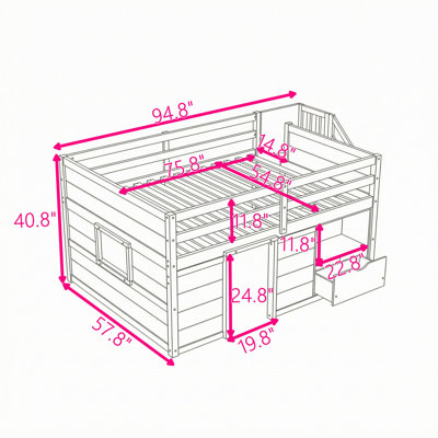 Lit mezzanine double en bois pleine grandeur avec tablettes de rangement intégrées et éclairage à DEL