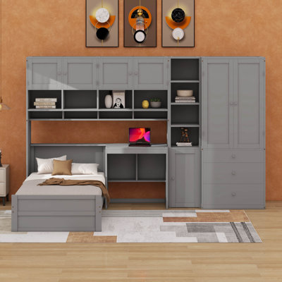 Lit plateforme simple avec bureau et garde-robe, lit de rangement multifonctionnel en bois tout-en-un avec lumière, 3 tiroirs, armoires et tablettes