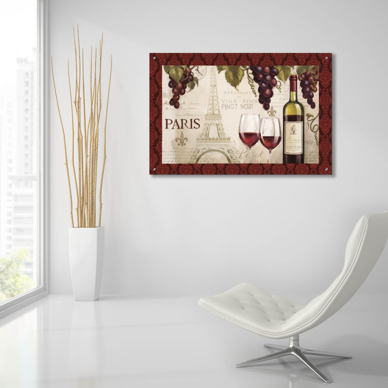 Art mural en verre épique «Wine In Paris 1 Damask Border» par Janelle Penner, H 24 po x l 36 po x P 0,2 po
