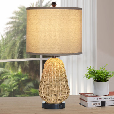 Inaya 22.8 in. Rattan Table Lamp with Dual USB Ports