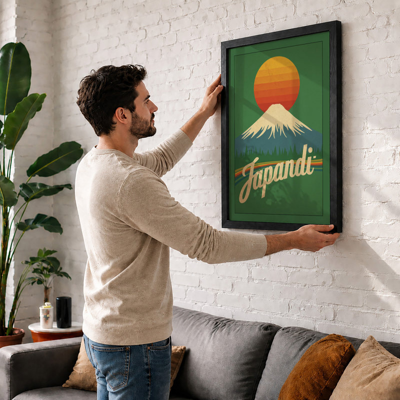 Mountain at Sunset Japandi - Framed Print, A2 - 59.4 x 42.0 cm, Walnut