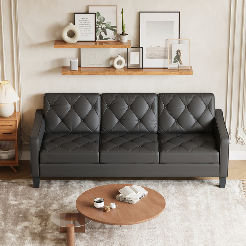 82” Wide Mid-Century Modern 3-Seater Sofa, Black Faux Leather