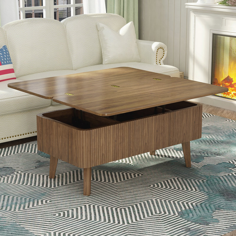 Table basse à plateau relevable 3 en 1, tables basses convertibles cannelées se convertit en tables de salle à manger, table de centre ovale moderne en bois avec rangement pour petit bureau (noyer)