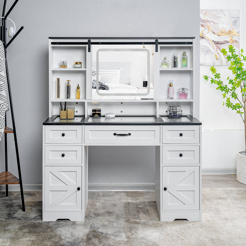 Meuble-lavabo de 47 po avec miroir coulissant, lumières DEL 3 couleurs, station de charge, plateau en verre, tabouret et rangement