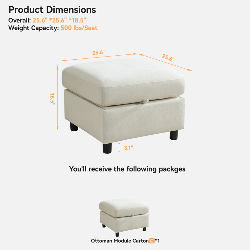 25.6” Wide Square Storage Ottoman Module For Modular Sectional Sofa, Chenille, Beige Chenille