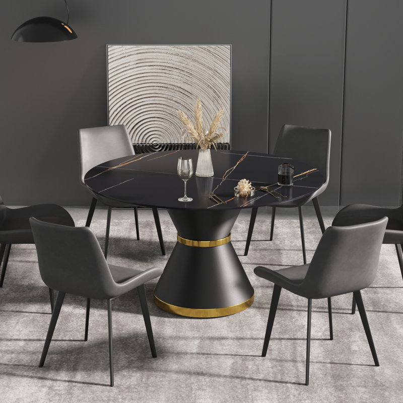 6 Seat Dining Table Set with Faux Leather Dining Chairs, 7-Piece Dining Set, 29.52" H x 53.15" W x 53.15" D, Black, Gray