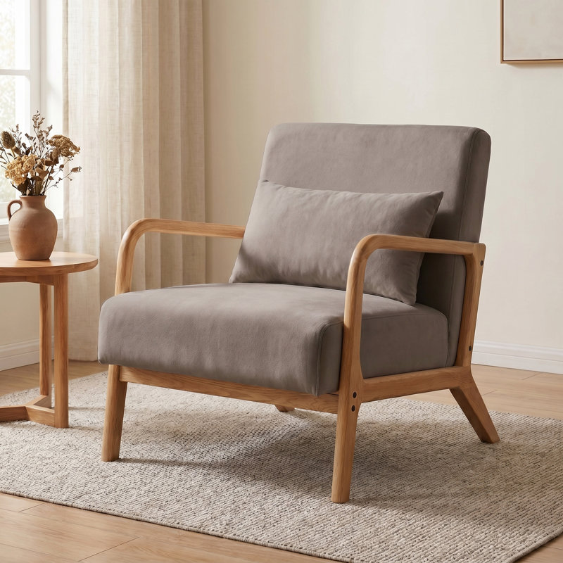 Chaise d'appoint moderne rembourrée avec accoudoirs en bois d'hévéa massif et revêtement en tissu doux, Brown