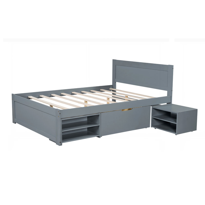 Lit plateforme avec tiroir et deux tablettes, gris