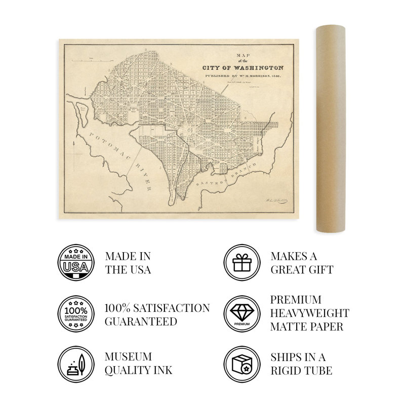 Carte de Washington en 1840 sur papier, H 24 po x l 36 po