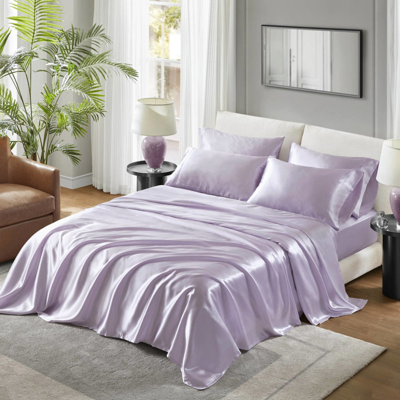 Draps de lit de luxe en satin King - Infroissables et élégants, compatibles avec un matelas de 40 cm (16 pouces), 1 drap plat, 1 drap-housse et 4 taies d'oreiller, texture douce, protection des cheveux, ensemble de draps, ajustement parfait, toucher agréable.