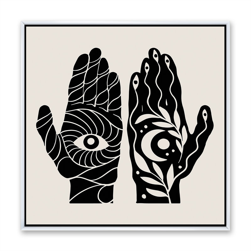 «Hamsa Hands with Eye and Moon Black and White Illustration», reproduction d'impression sur toile, Toile blanche encadrée