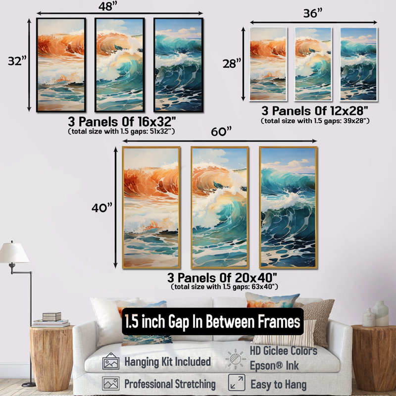Ensemble de salon Tropical Beach Waves Fusion IV - Beach Wall Art, Cadre naturel flottant, H 32 po x l 48 po x P 1 po