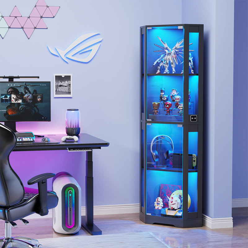 4-Tier Corner Display Cabinet With 3 Color Lights, Bookcase With Human Body Sensor For Collectibles