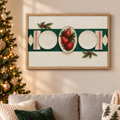 Art mural sur toile de Noël, poires rouges et branches de pin sur fond vert