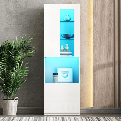 High Gloss Storage Cabinet With LED Lights, 67" Tall Pantry Cabinet With Acrylic Door, Modern Bookcase & Display Cabinet With Open Countertop And Tempered Glass Shelves For Living Room