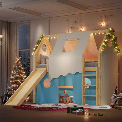 Twin Size Solid Wood Loft Bed With Slide, Tent, Sills, Lights, And Ladder For Creative Play And Sleep